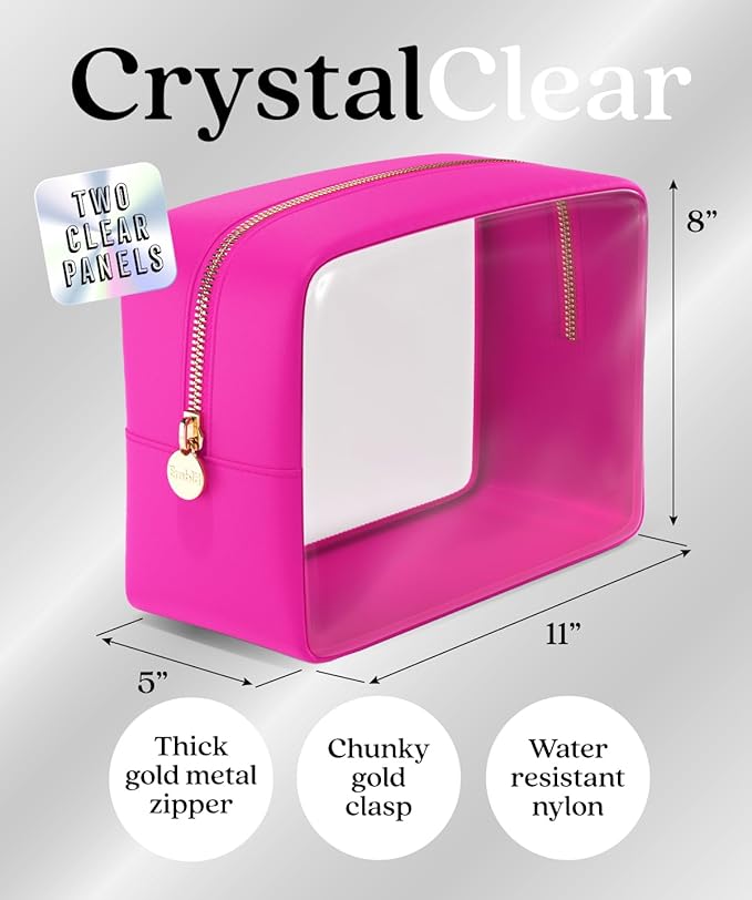 Clear Makeup Bag Zipper Pouch, Transparent Cosmetic Case Organizer, TSA Approved Travel Toiletry Case, Travel Accessories Essentials Makeup Tote for Women, Large Cute Make up Bag for Purse - Fuchsia