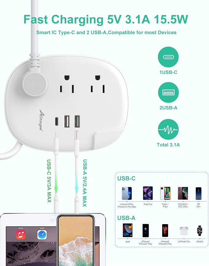 Alitayee USB C Travel Power Strip,Portable Power Strip with 3 Outlets 3 USB Ports Fast Charge, USB Extension Cord with Flat Plug and 4ft Wrapped Around Extension Cord for Cruise Travel Home Office