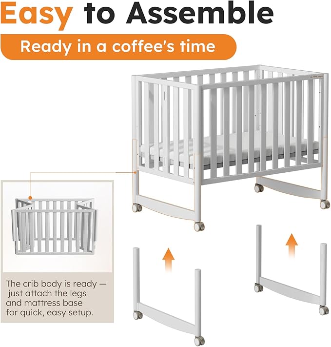 EvoNook 6-in-1 Convertible Mini Crib, 100% New Zealand Solid Wood, 4 Adjustable Mattress Heights, Crib with Mattress, White