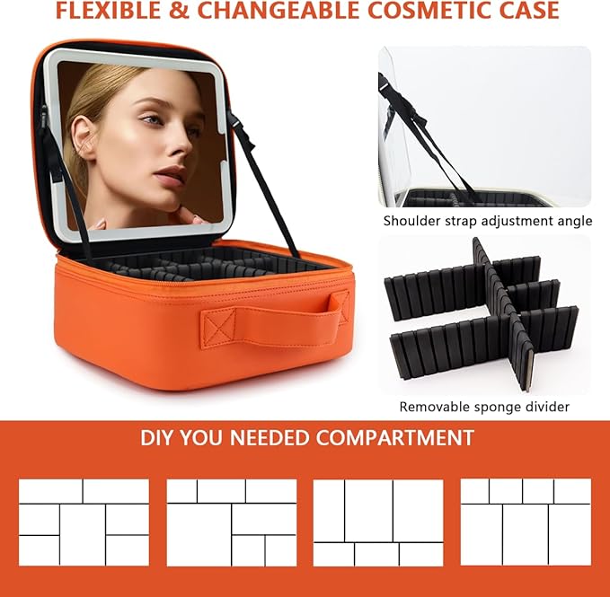 Travel Makeup Bag for Women and Makeup Artists Cosmetic Organizer Large Makeup Case,Travel Makeup Bag with Mirror 3 Color Setting,Portable Storage and Adjustable Dividers(orange)
