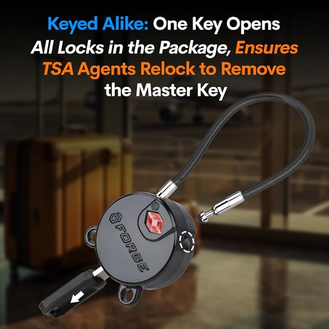 Forge TSA Approved Luggage Locks Ultra-Secure Dimple Key Travel Locks with Zinc Alloy Body- Black 4 Cable Locks