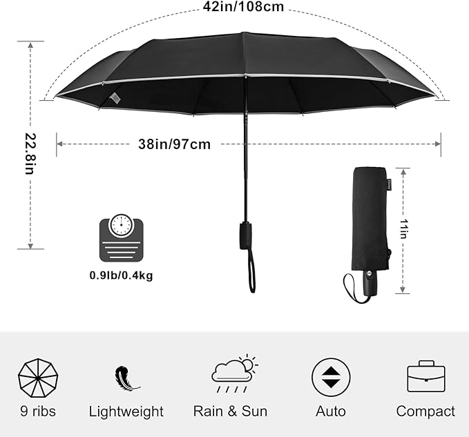 G4Free 42 Inch Eco Windproof Folding Umbrella for Rain & Sun 9 Ribs Wind Resistant Strong Fiberglass Double Canopy with Reflective Strip for Women Men Auto Open Close For Car & Backpack