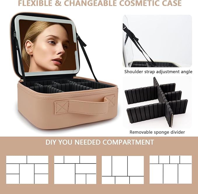 Travel Makeup Bag for Women and Makeup Artists Cosmetic Organizer Large Makeup Case,Travel Makeup Bag with Mirror 3 Color Setting,Portable Storage and Adjustable Dividers(khaki)