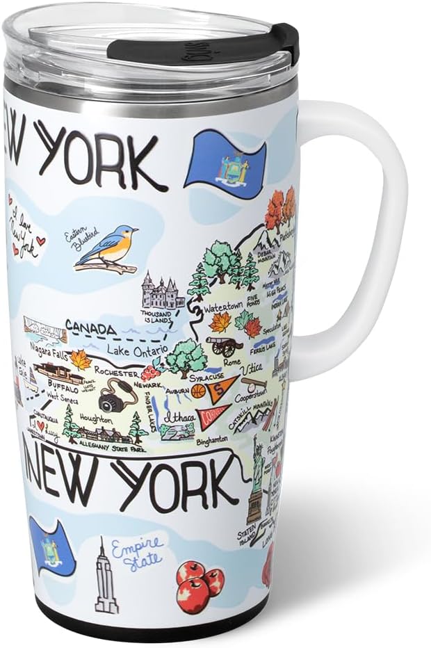 Swig Life 22oz Travel Mug, Insulated Tumbler with Handle and Lid, Travel Coffee Mug, Cup Holder Friendly, Stainless Steel 22 oz Tumbler, Reusable Insulated with Lid (New York)