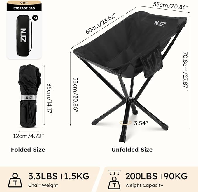 Small Camping Chair, Compact Folding Camping Chair for Adults-200 LBS Supported Lightweight Backpacking Chair for Outdoors Fishing, Hiking, Travel, Picnic, Beach Aluminum Chair(Black)