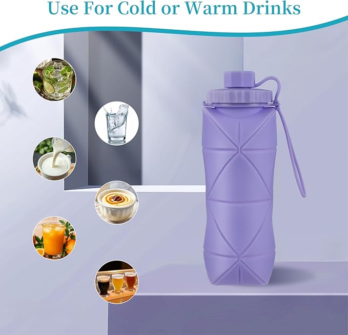 Silicone Collapsible Water Bottles,Lightweight Reusable Leakproof For Traveling Camping Hiking Cycling Sports Outdoor,Foldable Portable Travel Water Bottle 600ML Dark Blue 1Pack.