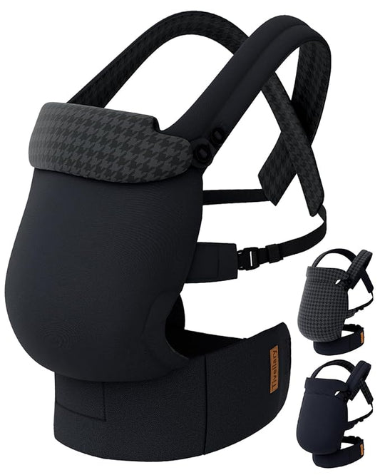 Reversible Baby Carrier – Black Solid & Houndstooth; Lightweight & Breathable Lyocell Fabric; Ergonomic Lumbar Support and Quick Hands-Free Wear for Newborn to Toddler (7–44 lbs)