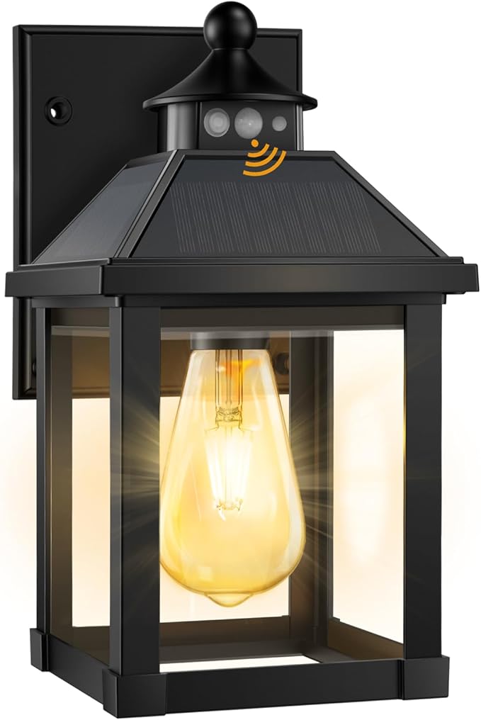 Solar Porch Lights Outdoor, Solar Sconce Lights Outdoor with Motion Sensor, Waterproof Wall Light with Clear Panel for Garage, Porch, Yard, Front Door,5.8 * 5.8 * 11.8in