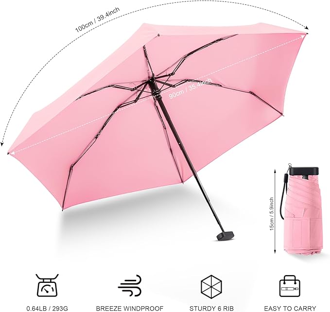 LEAGERA Mini Umbrella - Compact, Waterproof Travel Umbrella for Light Rain, Suitable for Women's Purse and Pocket