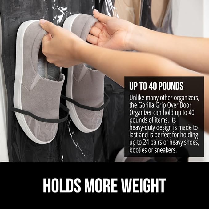 GORILLA GRIP Over the Door Shoe Organizer, 24 Large Breathable PVC Pockets, Space Saving Hanging Storage Holder, Closet Rack Hanger Holds Up to 40 lbs, Hangs on Closets for Shoes 2 Pack, Black