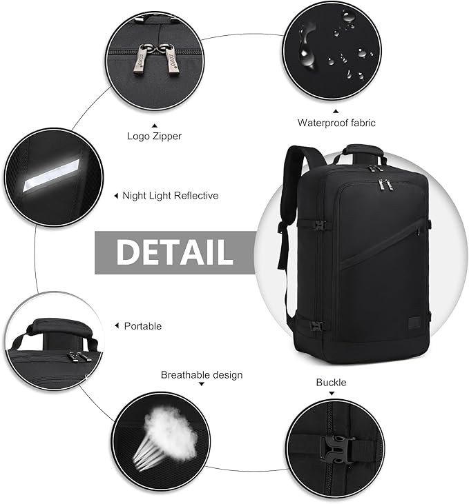 Kono Carry on Backpack, 22" Airplane Approved Travel Backpack for Men and Women, Waterproof Lightweight Daypack for Flight 40L (Black, Large)