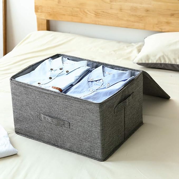 ANMINY 2PCS Storage Bins with Zipper Lids 36 Qt Lidded Fabric Storage Boxes Baskets Cubes with Handles Collapsible Washable Cotton Linen Closet Shelf Clothes Organizer Containers - Gray, Large