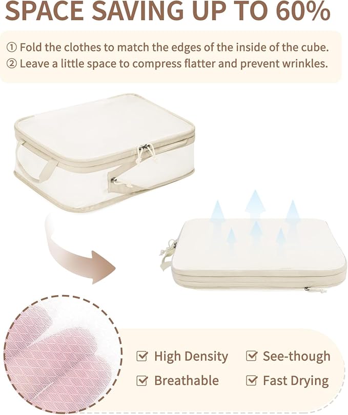 ECOHUB 6 Set Compression Packing Cubes, Lightweight Beach Vacation Travel Essentials Durable Travel Accessories for Suitcase Carry On Luggage Organizer Bags with YKK Zippers Shoe Bag, Beige