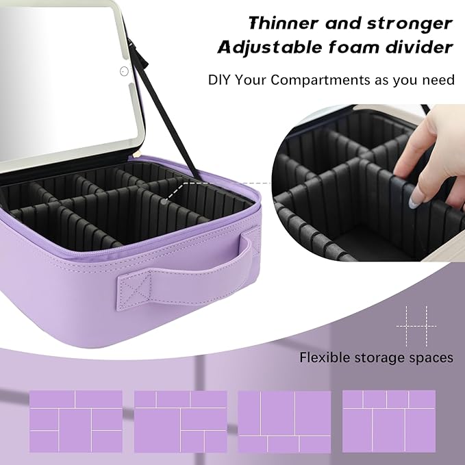 Makeup Bag with Led Mirror,Travel Makeup Organizer with 3 Color Setting, Portable Storage and Adjustable Dividers Travel Makeup Bag(Purple)