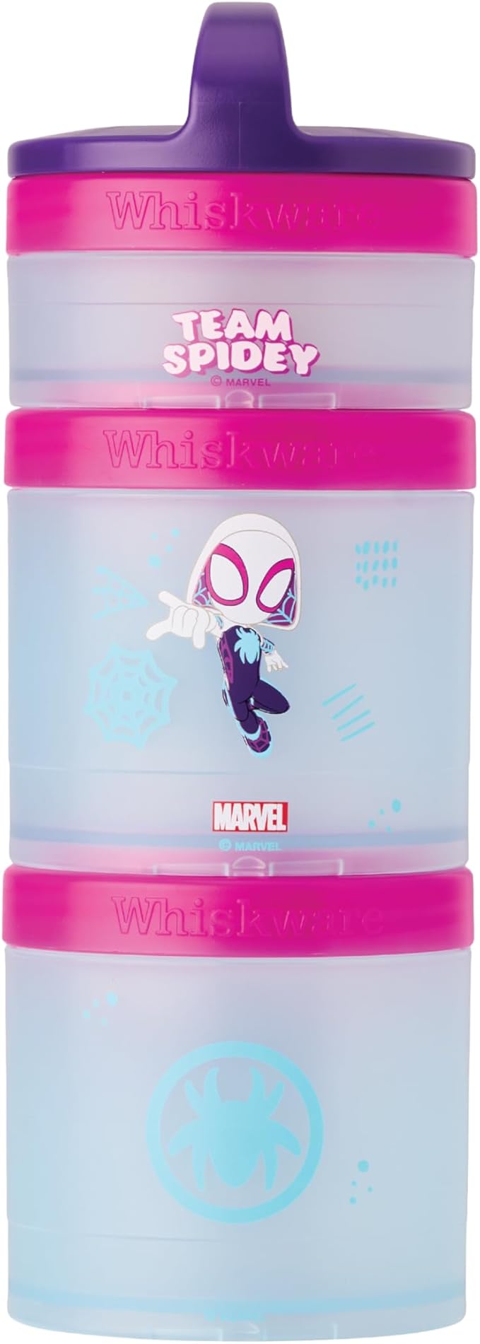 Whiskware Spider-Man Team Spidey Stackable Snack Containers for Babies, Kids, and Toddlers, 3 Stackable Snack Cups for School or Travel, Cupholder Friendly, Gwen Stacy