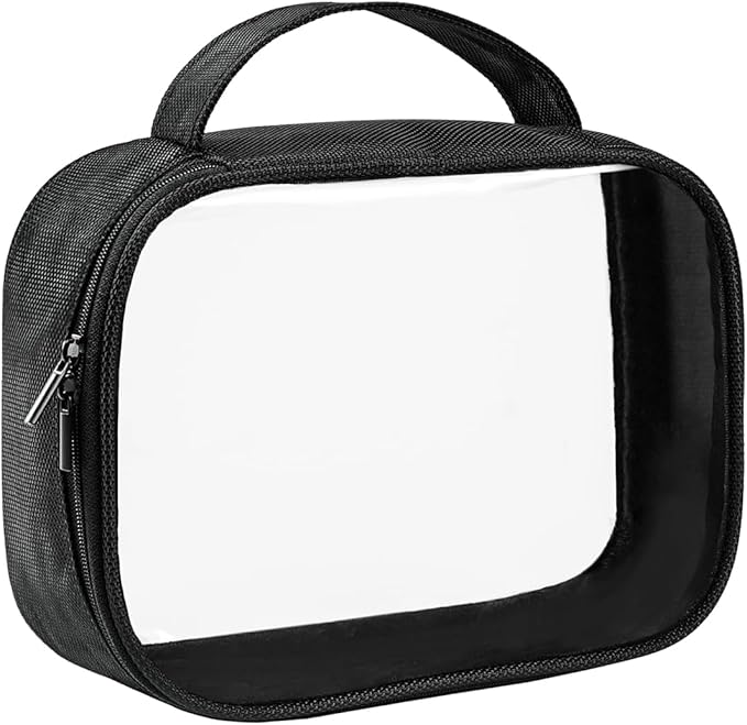 Moyad TSA Approved Clear Toiletry Bag with Handle, 1 Pack Quart Size 3-1-1 Liquids Pouch for Travel, Transparent Makeup & Cosmetic Organizer for Women Men, Black