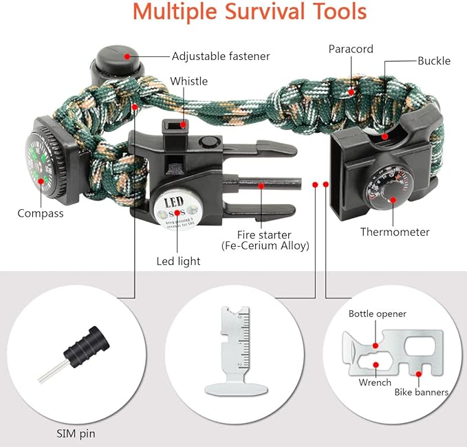 20 in 1 Survival Paracord Bracelet Adjustable Gear Kit with SOS LED Light, Fire Starter, Bigger Compass, Survival Whistle, Perfect for Camping, Hiking, Fishing