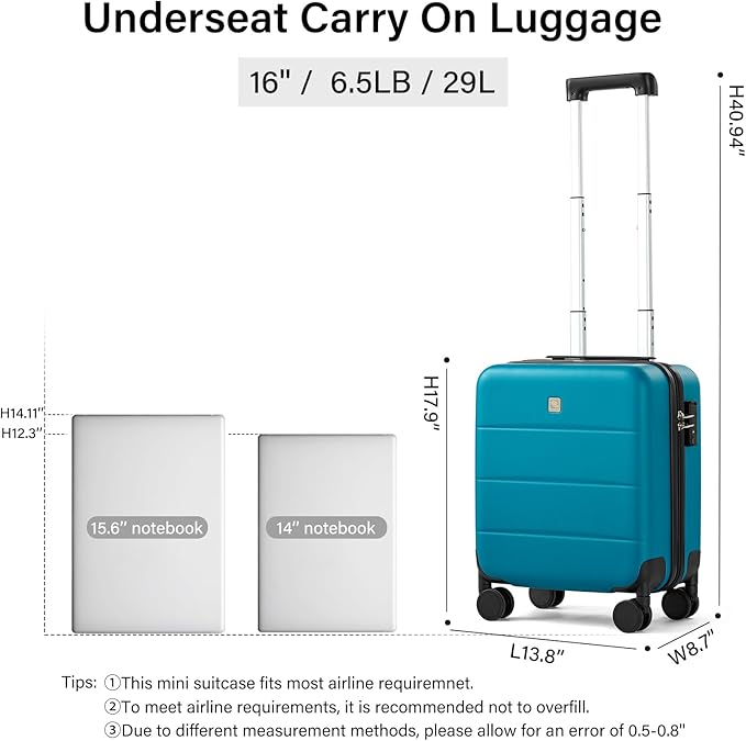Hanke 16 Inch Underseat Carry On Luggage with Wheels Hard Shell Mini Small Suitcases Carry On Bag for Airline Approved TSA Luggage Lightweight Travel Suitcase(Caribbean Blue)