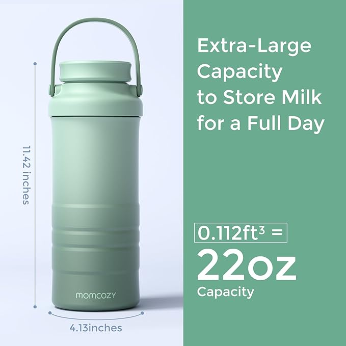 Momcozy 22oz Portable Breast Milk Cooler for Outdoor, Life Saver with 360° Total Cooling for 24 Hours, Larger Capacity Travel Breastmilk Chiller with 2pcs Baby Bottles for Breastmilk Storage, Green