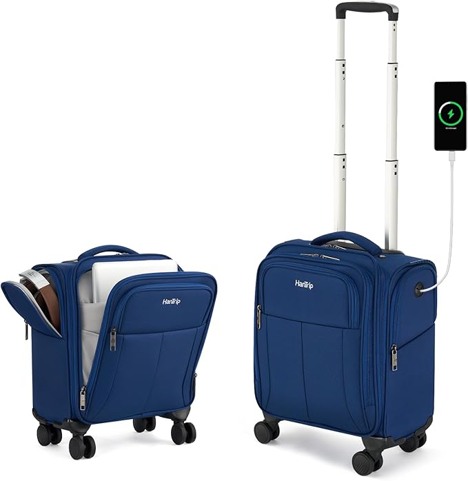 16 Inch Underseat Carry On Luggage with Wheels Softside Small Suitcases Personal Item Bag with Pocket Travel Luggage for Men Women Business Overnight Bag(Blue)