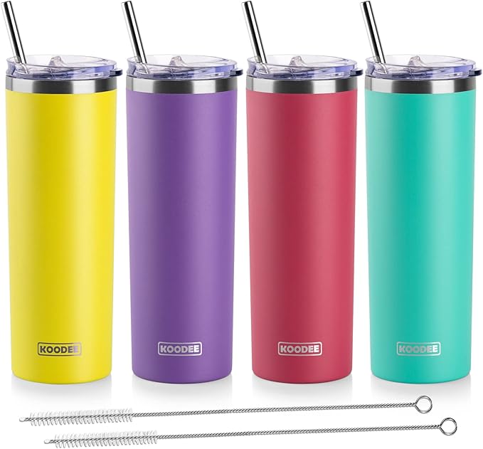 koodee Insulated Coffee Tumbler with Lid and Straw-4 Pack 20 oz Skinny Tumblers, Double Wall Stainless Steel Cup for Women (Yellow/Purple/Wine Red/Teal)