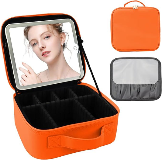 Travel Makeup Bag with LED Mirror and Light Travel Makeup Case Cosmetic Organizer Portable Cosmetic Brush Organizer Bag with Adjustable Dividers for Cosmetics Makeup Brushes Toiletry (Orange)
