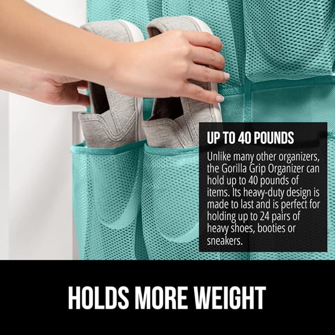 GORILLA GRIP Over the Door Shoe Organizer, 24 Large Breathable Mesh Pockets, Space Saving Hanging Storage Holder, Closet Rack Hanger Holds Up to 40 lbs, Hangs on Closets, Shoes, Accessories, Turquoise