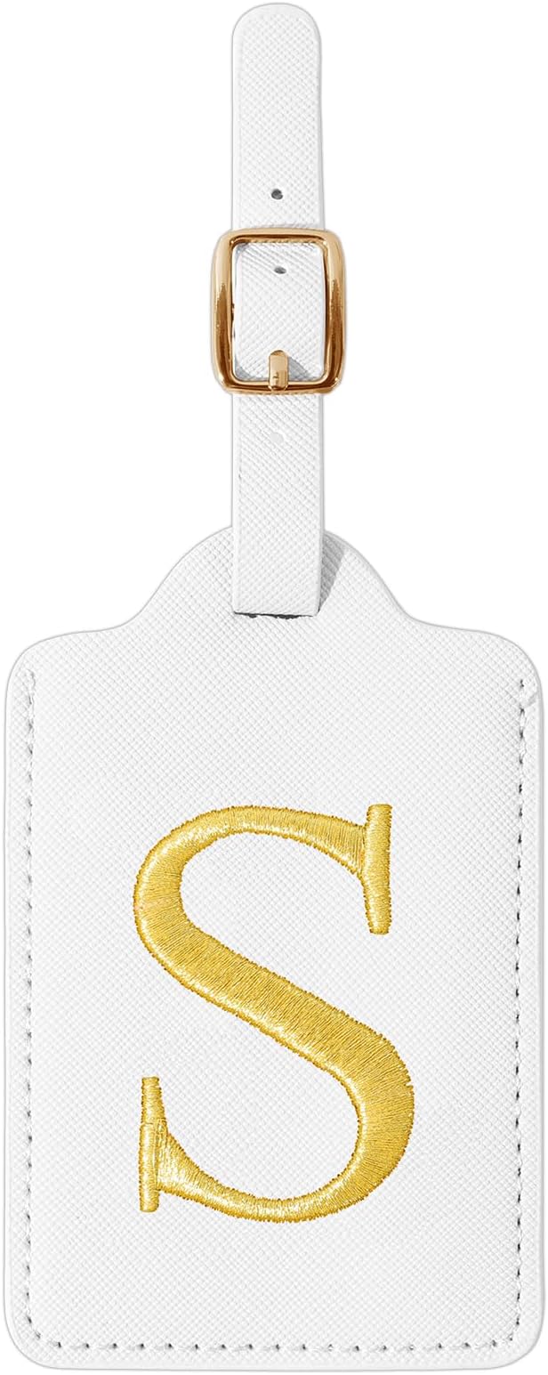 Personalized Initial Luggage Tags for Suitcase TSA Approved, White Leather Cute Luggage Tag with Privacy Cover Name Card, Embroidered Custom Luggage Tags Travel Baggage Tags Gifts for Women Kids(S)