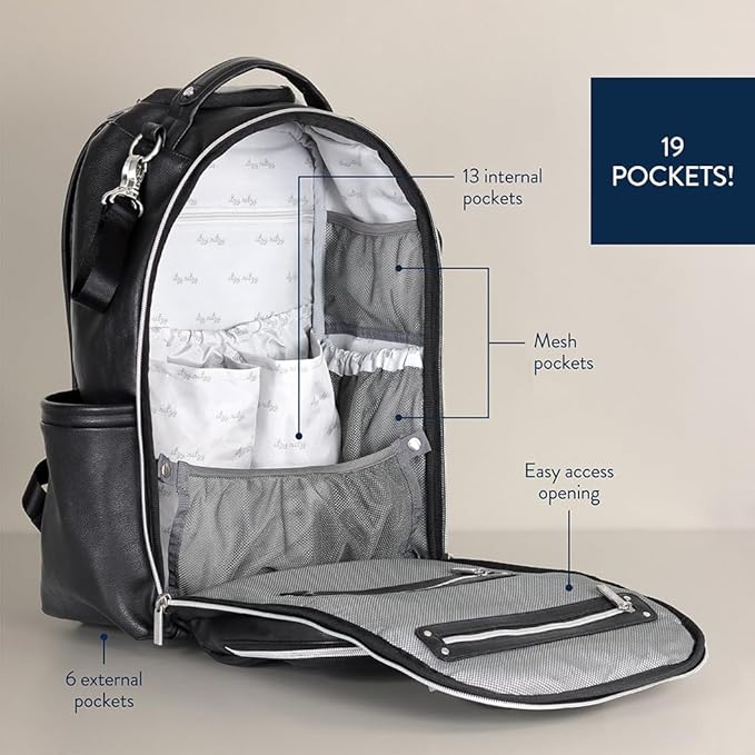 Itzy Ritzy Diaper Bag Backpack – Large Capacity Boss Plus Baby Backpack Diaper Bag Featuring 19 Pockets, Changing Pad, Stroller Clips, and Comfortable Straps (Black with Silver Hardware)
