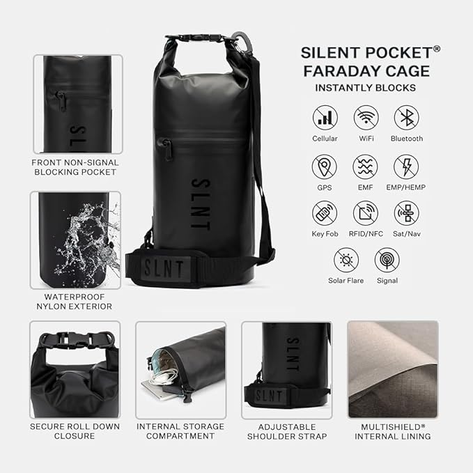 SLNT Waterproof Faraday Dry Bag - 420D Waterproof Nylon Signal Blocking Backpack - Protects Electronics from Water, Spying, Hacking - Blocks RFID, WiFi, Bluetooth, NFC, Cellular, GPS, EMF (5 Liter)