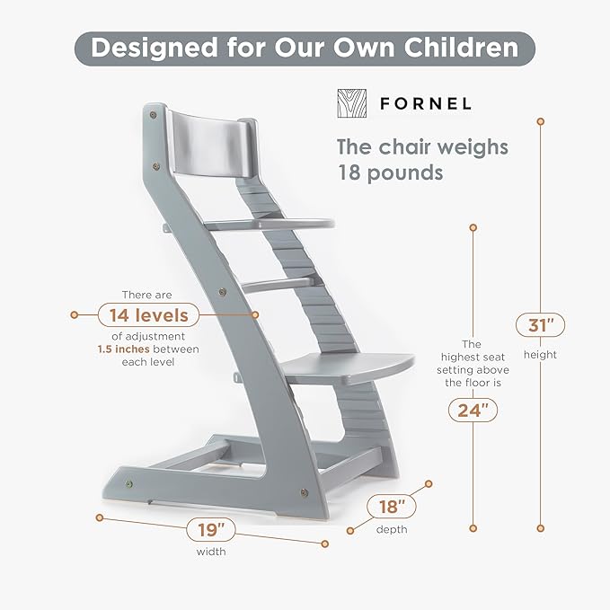 FORNEL Grey Wooden High Chair for Toddlers | The Grow-with-Me Adjustable Chair for Modern Farmhouse & Scandinavian Kitchens | A Smart Stokke Alternative