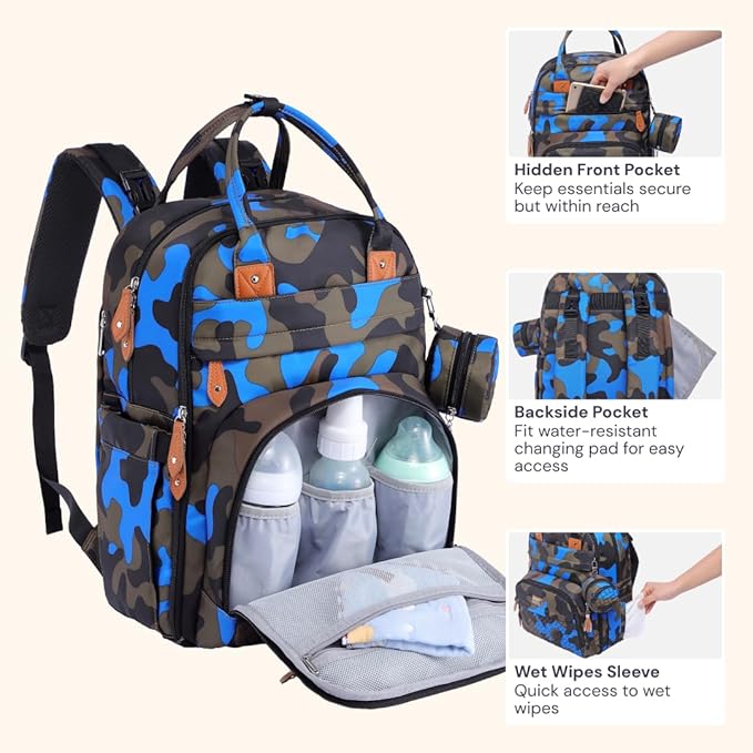 BabbleRoo Diaper Bag Backpack - Baby Essentials Travel Tote - Multi function Waterproof Diaper Bag, Travel Essentials Baby Bag with Changing Pad, Stroller Straps & Pacifier Case - Unisex, Blue Camo