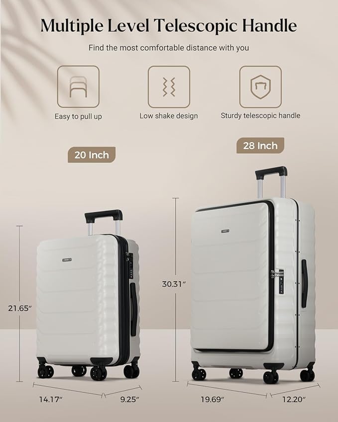 Luggage Sets 2 Pieces, 20/28 Inch PC Hardshell Suitcase with Spinner Wheels, 20 Inch Expandable Clamshell Carry On Luggage and 28 Inch Aluminum Frame Top Opening Checked Luggage (White)