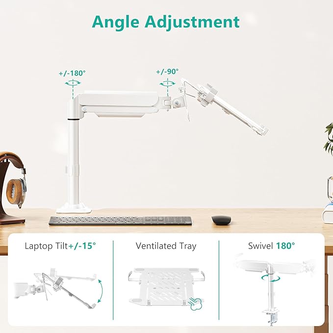 WALI Laptop Tray Desk Mount, Laptop Arm Mount Fits 10-15.6 Inch Notebook, 2-in-1 Gas Spring Monitor Arm for 17-32 Inch Computer Screen, Holds up to 22lbs(GSDM00LPW), White