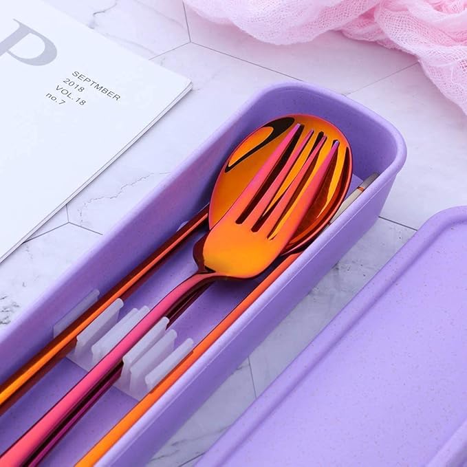 3 PCS Outdoor Flatware Set Fork Spoon Chopsticks/Travel Flatware Set with a Case, Red