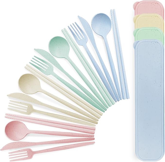 4 Sets Reusable Travel Utensils Set with Case, TWUTGAYW Portable Camping Utensil Set, BPA Free Spoon Knife Fork Chopsticks Tableware for Kids, Plastic Cutlery Set for Lunch Picnic Daily Use(4 Colors)