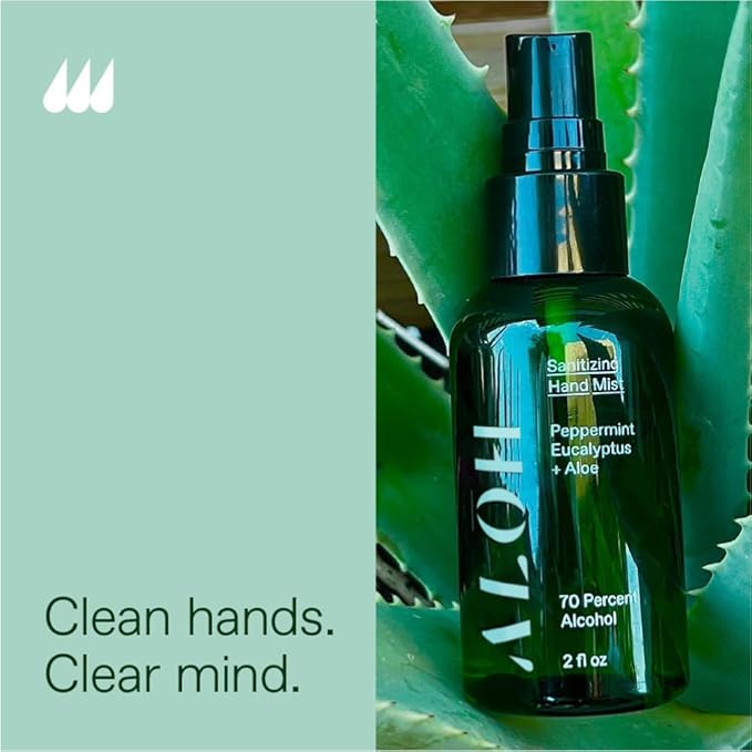 ALŌH Sanitizing Hand Mist 3-pack | Peppermint Eucalyptus + Aloe | 70% Alcohol Hydrating Hand Sanitizer Spray with Essential Oil, for Kids & Adults | 2oz Travel Size Bottle (Set of 3)