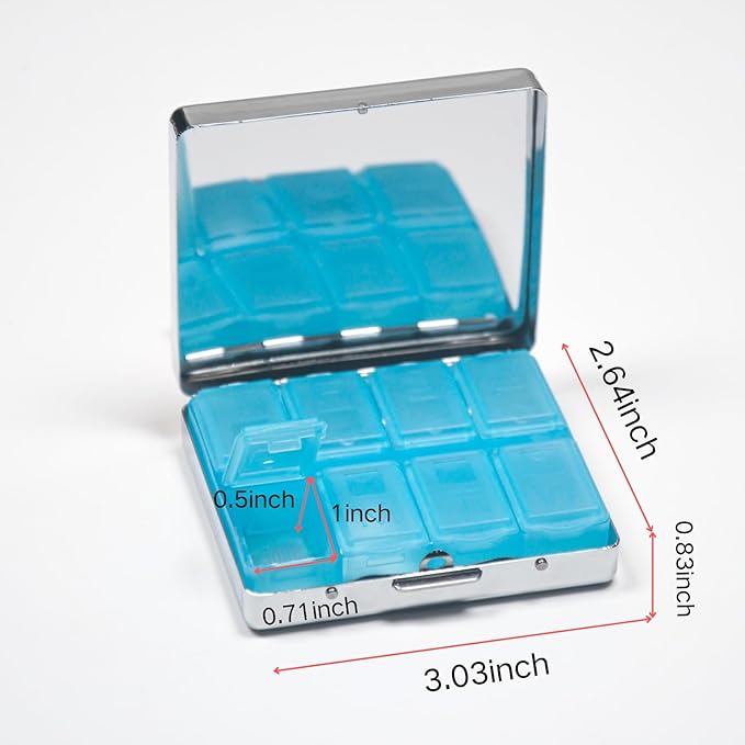 Silver Vintage Pill Box 7 Day Metal Pill Box with Mirror and 8 Compartments Cute Travel Pill Organizer for Purse (Concentrated Poison)