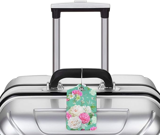 Set of 2 Beautiful Floral-Themed Luggage Tags with Pink and White Roses Flower Pattern, Cute Succulent Green Suitcase Travel Tags for Women Girls, Name ID Identifier Labels with Full Privacy Cover