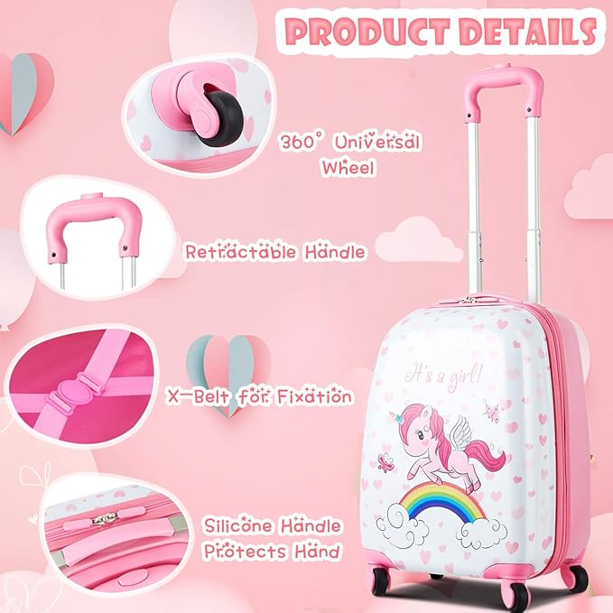 HONEY JOY 2 Pcs Kids Carry On Luggage, 12" School Backpack & 16" Rolling Suitcase, Waterproof Hard Shell Travel Case with Spinner Wheels, Gift for Boys Girls Overnight Travel, Pink Unicorn