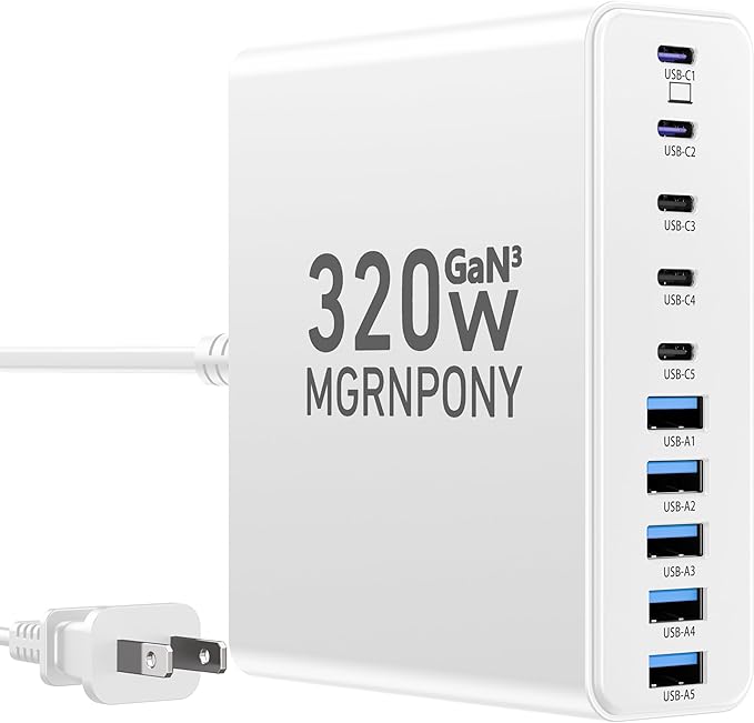 320W USB C Charger Block, 10-Port USB C Charging Station GaN III PD 65W Laptop Fast Charger Adapter for MacBook Pro/Air, DELL, iPad, iPhone, Samsung Galaxy White