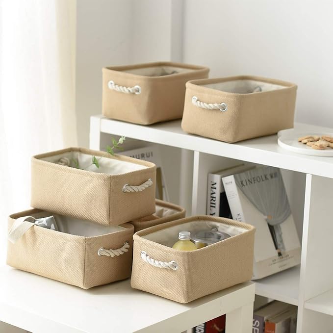 TheWarmHome Storage Basket for Organizing - Small 6 Pack 11.8x7.8x5.2 inch Fabric Storage Cubes with Cotton Rope Handle, Collapsible Storage Bins Baby Storage Toy Nursery (Beige)