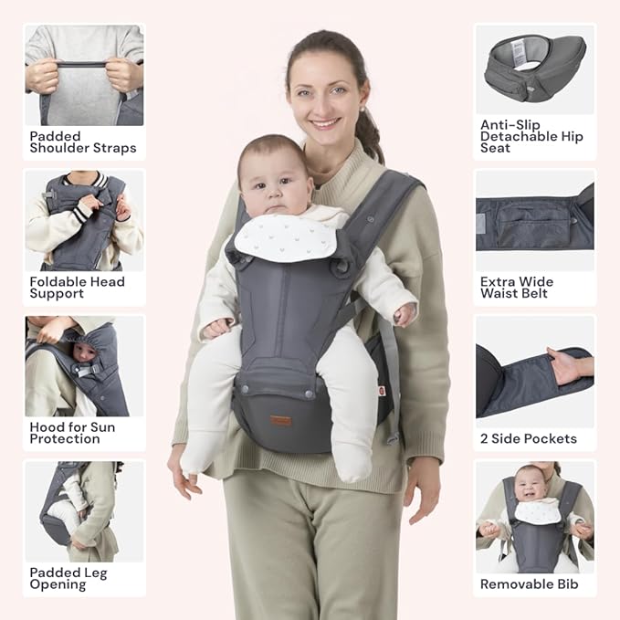 BabbleRoo Grow Carrier – 6-in-1 Baby Carrier with Hip Seat, Ergonomic, Cozy & Adjustable Toddler Carrier 7-50 lbs with Hip & Lumbar Support, Hood for Sun Protection, Newborn to Toddler, Gray