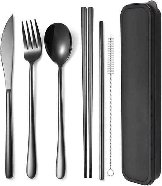 AARAINBOW 6 Pieces 18/8 Stainless Steel Flatware Set Portable Reusable Cutlery Set Travel Utensils Set Including Chopsticks Knife Fork Spoon Straws Cleaning Brush Dishwasher Safe (Black)