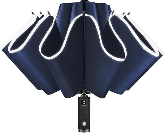 Lejorain Compact Inverted Reflective Umbrella - Automatic Folding Reverse LED Umbrella Travel Windproof Umbrellas for Rain