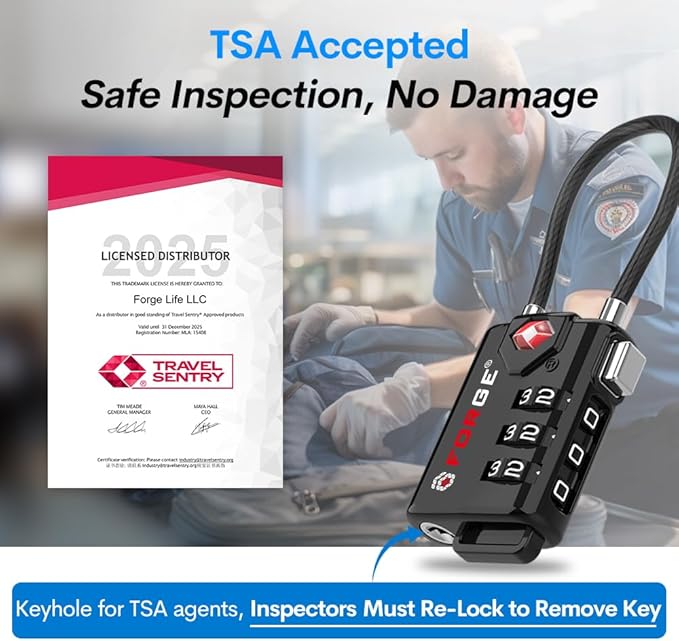 TSA Approved Cable Luggage Locks, Re-settable Combination with Alloy Body, Black 1 Lock.