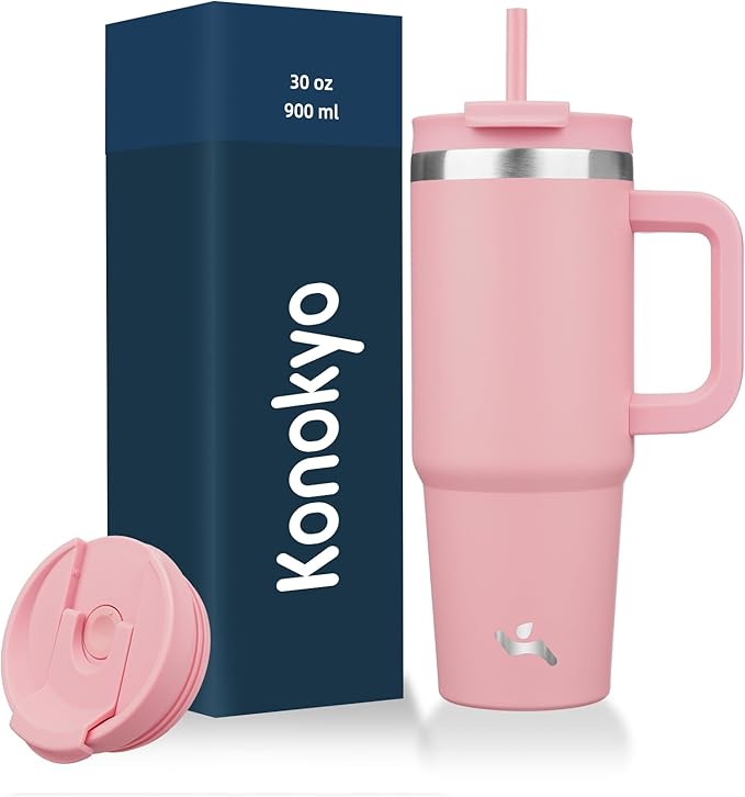 30 oz Tumbler with Handle and 2 Straws,2 in 1 Lid Insulated Water Bottle Stainless Steel Travel Coffee Mug,Pink