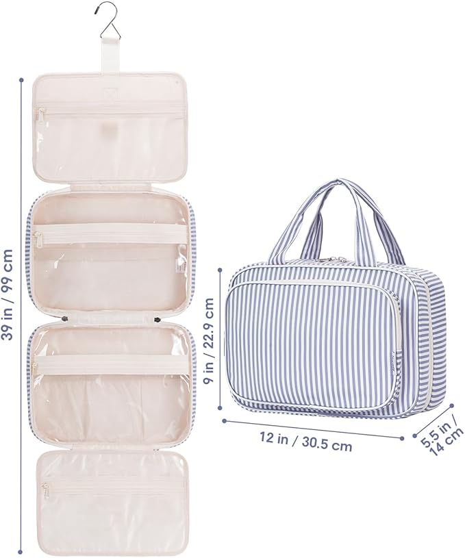 Narwey Striped Travel Toiletry Bag for Women Large Hanging Makeup Bag Organizer Toiletries Bag for Full Size Essentials Accessories Cosmetics (Greyish Blue Stripe (Large))