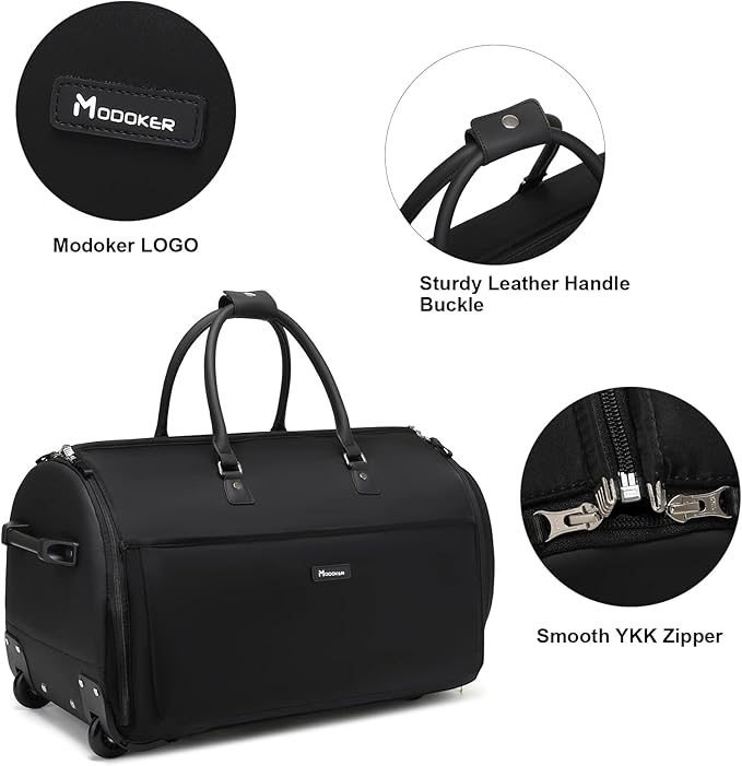 Modoker Rolling Garment Bags, Large Garment Duffle Bag with Wheels, 3 in 1 Garment Suit Luggage Bag for Women Men Business Travel Weekender, Black