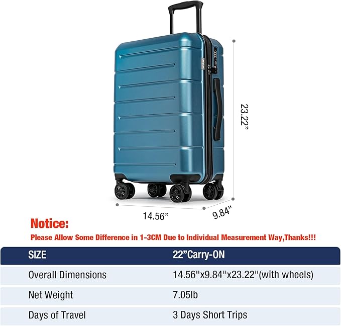 KYME Carry On Luggage 22x14x9 Airline Approved with Cup Holder Hardside Carry On Suitcase with Spinner Wheels TSA Lock Hardshell 22 inch Travel Rolling Luggage for Women Men Blue